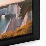 Close-up of a stunning framed canvas artwork depicting rugged cliffs and dramatic landscapes, showcasing intricate textures and rich colors, perfect for enhancing home decor.