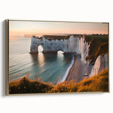 Framed canvas artwork depicting dramatic cliffs in a vibrant landscape, featuring a gold side profile that enhances its elegance, perfect for home decor.