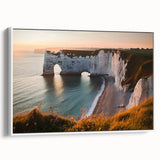 Framed canvas artwork depicting dramatic cliffs and landscapes, featuring a white frame and side view, perfect for enhancing modern home decor.