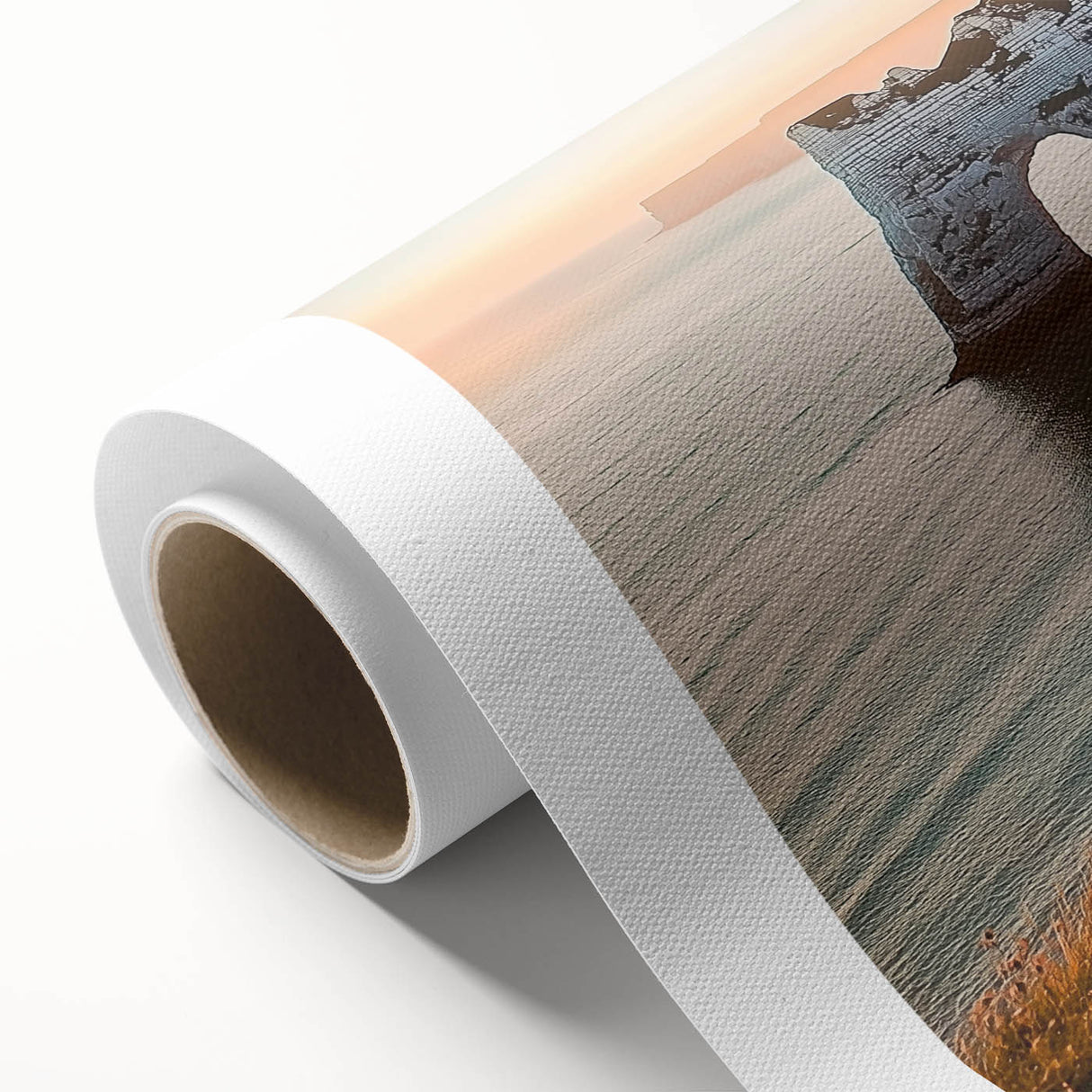 Vibrant rolled canvas depicting dramatic cliffs and lush landscapes, showcasing rich colors and intricate details, ideal for home decor or art enthusiasts.