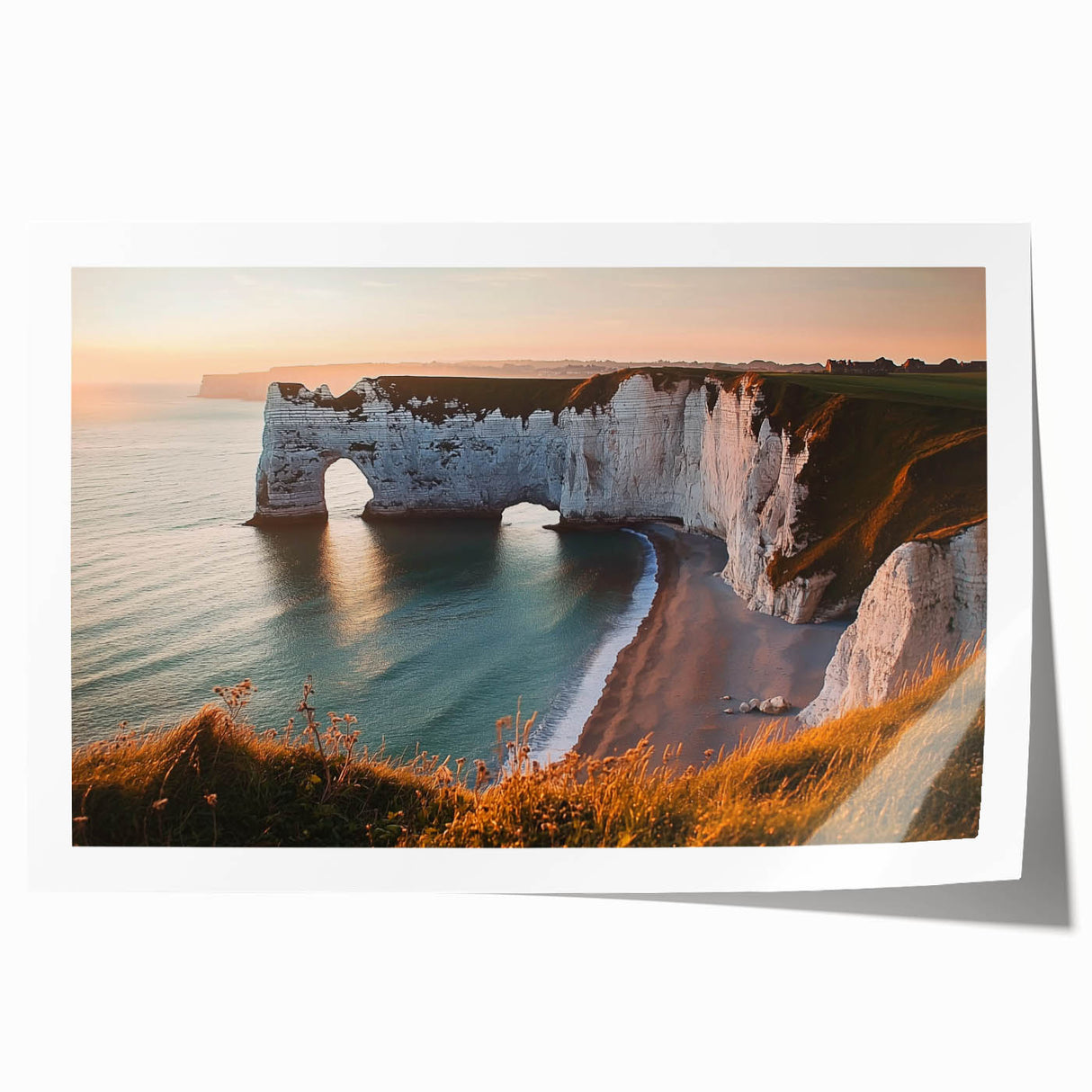 Stunning rolled print showcasing a vibrant landscape of majestic cliffs under a clear blue sky, perfect for home decor or office art, packaged in a durable cardboard tube.