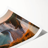Vibrant rolled canvas print of a dramatic cliff landscape showcasing rich colors and intricate details, elegantly packaged in a protective cardboard tube for easy display.