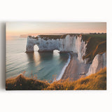 Stretched canvas artwork depicting a breathtaking landscape of towering cliffs above a serene blue ocean, showcasing vibrant colors and intricate details, perfect for home decor.