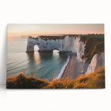 Stretched canvas artwork depicting a serene landscape of cliffs at sunset, showcasing vibrant colors and intricate details, perfect for home decor or art enthusiasts.