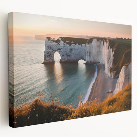Stretched canvas artwork depicting a dramatic cliff landscape under a vibrant sunset, showcasing rich colors and intricate details, perfect for home decor.