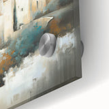 Abstract wall art featuring intricate geometric patterns and vibrant colors, showcasing a modern architectural design printed on acrylic glass, ideal for contemporary home decor.