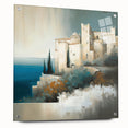 Abstract architectural wall art print displayed in a side view, featuring vibrant colors and a glossy finish, mounted with decorative pins for a modern aesthetic.