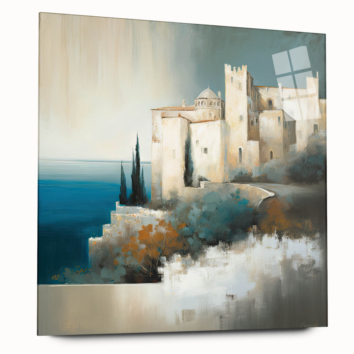 Abstract architecture wall art displayed in a sleek acrylic glass frame, showcasing vibrant geometric patterns in shades of blue and orange, ideal for modern decor.