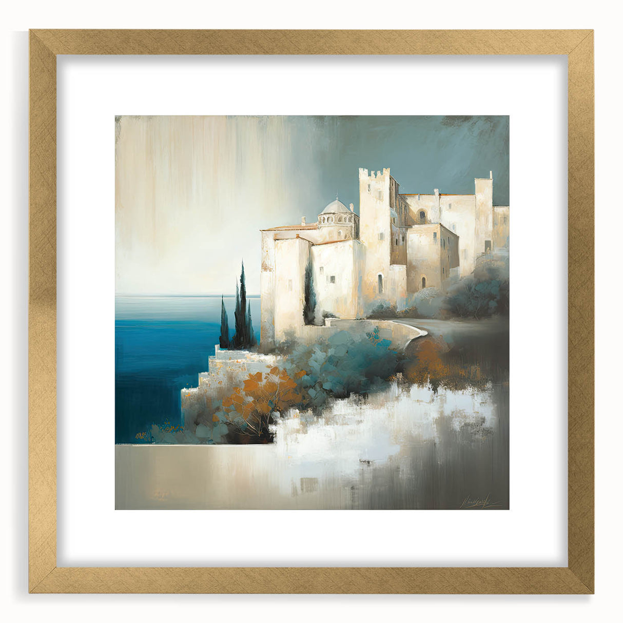 Abstract architecture wall art framed with a gold mat, showcasing intricate geometric designs and modern aesthetics, perfect for contemporary home decor.