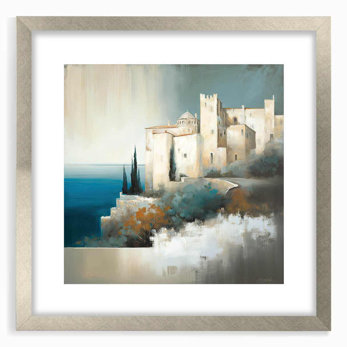 Abstract architecture wall art featuring geometric shapes in a minimalist silver frame with a mat, suitable for modern home decor and gallery displays.