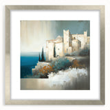 Abstract architecture wall art featuring geometric shapes in a minimalist silver frame with a mat, suitable for modern home decor and gallery displays.