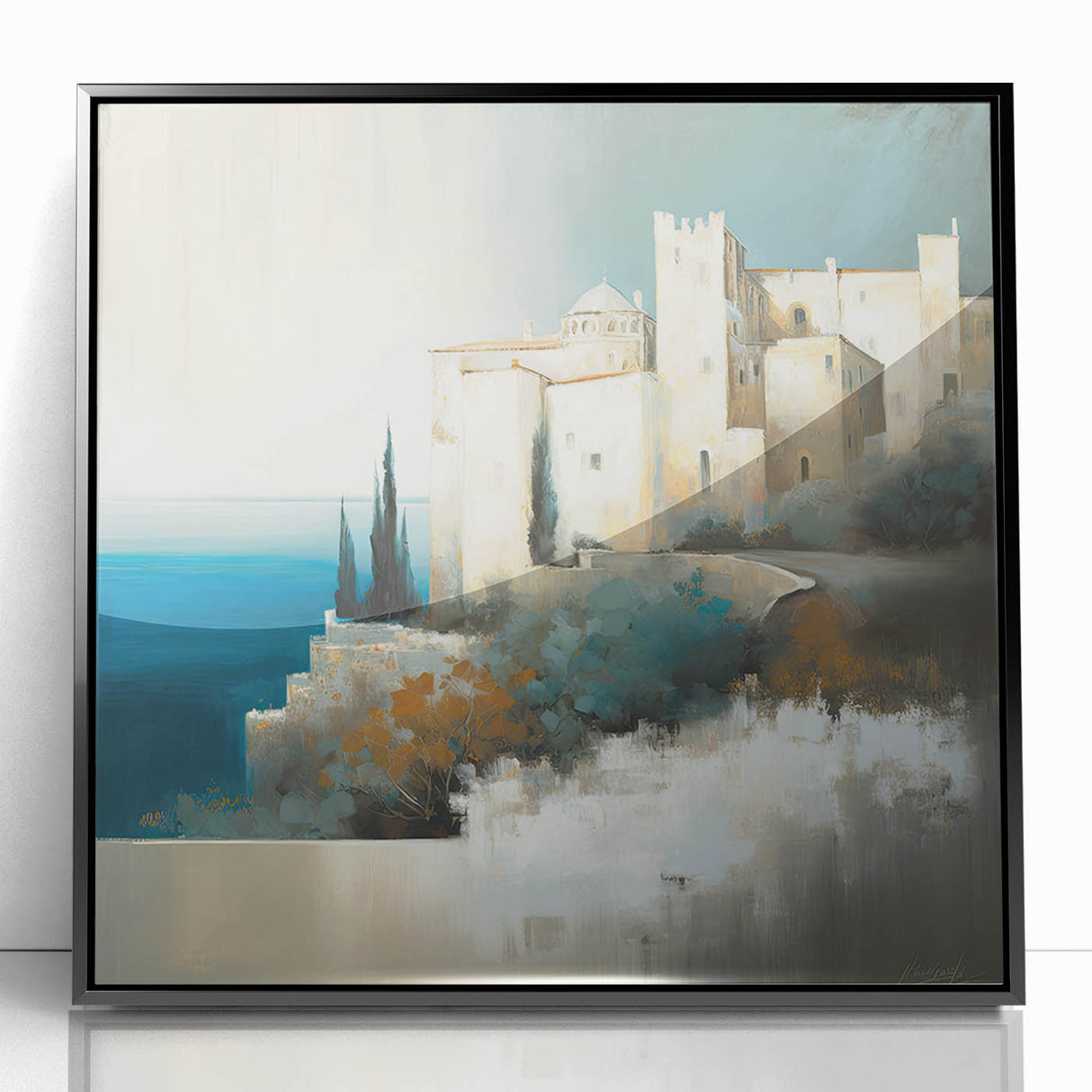 Framed abstract architecture wall art showcasing a sleek black design with acrylic finish, perfect for modern home decor, adding sophistication and style.