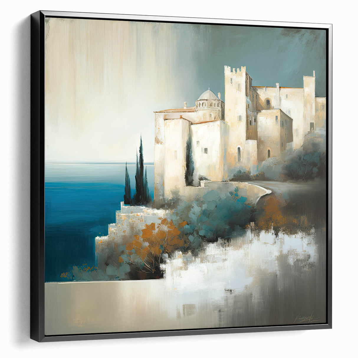 Framed canvas wall art depicting an abstract architectural design in black, showcasing a modern aesthetic suitable for contemporary decor. The artwork's side view highlights its sleek frame and textured surface, enhancing its appeal for stylish interiors.