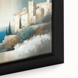 Close-up of a framed abstract architecture wall art piece, showcasing intricate geometric patterns in vibrant colors, ideal for modern home decor accents.