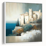 Abstract architectural wall art in a sleek white frame, showcasing geometric shapes and modern design elements, perfect for contemporary home decor.