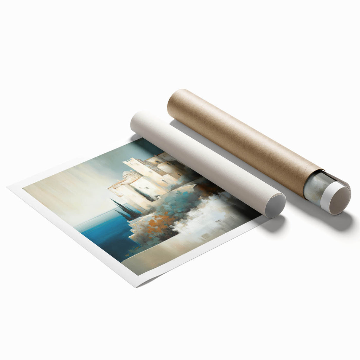 Abstract architectural wall art print showcasing vibrant geometric shapes and lines in shades of blue, orange, and white, rolled and ready for display.