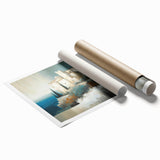 Abstract architectural wall art print showcasing vibrant geometric shapes and lines in shades of blue, orange, and white, rolled and ready for display.