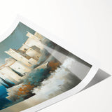 Abstract architectural wall art print showcasing dynamic geometric shapes in vibrant shades of blue and yellow, elegantly rolled and ready for display.