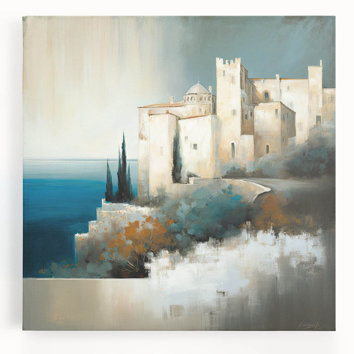 Abstract architectural wall art on stretched canvas, showcasing geometric shapes in vibrant blue and gold tones, perfect for modern interior decor.