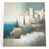 Abstract architecture wall art on stretched canvas, featuring geometric shapes and vibrant colors, leaning against a minimalist backdrop, ideal for modern decor.