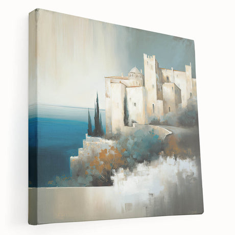 Abstract architecture wall art displayed on a stretched canvas, showcasing geometric patterns in vibrant colors against a minimalist background, perfect for modern decor.