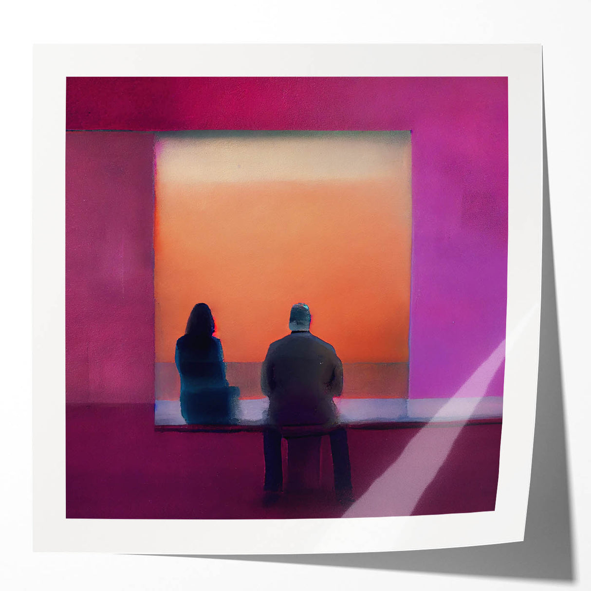 Abstract figurative wall art print showcasing vibrant colors and dynamic shapes, displayed in a glossy finish to enhance visual appeal and modern design aesthetics.