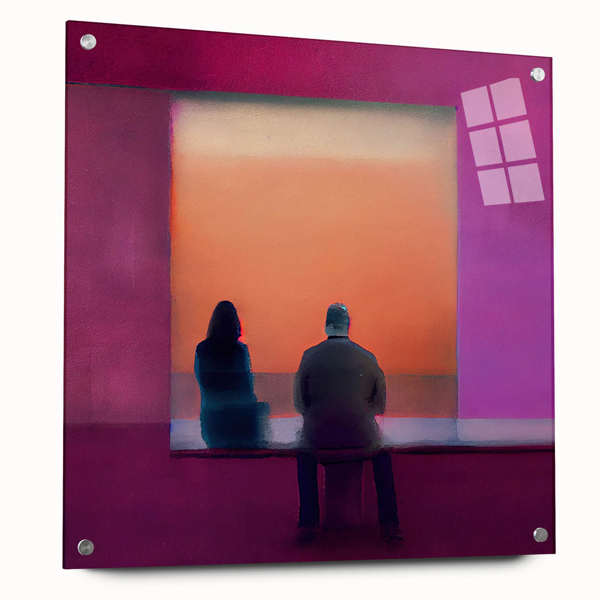 Abstract figurative wall art made of acrylic glass, showcasing vibrant colors and dynamic shapes, displayed from a side view with decorative pins for mounting.