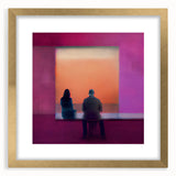 Abstract figurative wall art framed in gold with a mat, showcasing vibrant colors and intricate designs, perfect for enhancing modern interior decor.