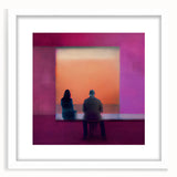 Abstract figurative wall art framed with a white mat, showcasing vibrant colors and dynamic shapes, perfect for modern home decor or office spaces.