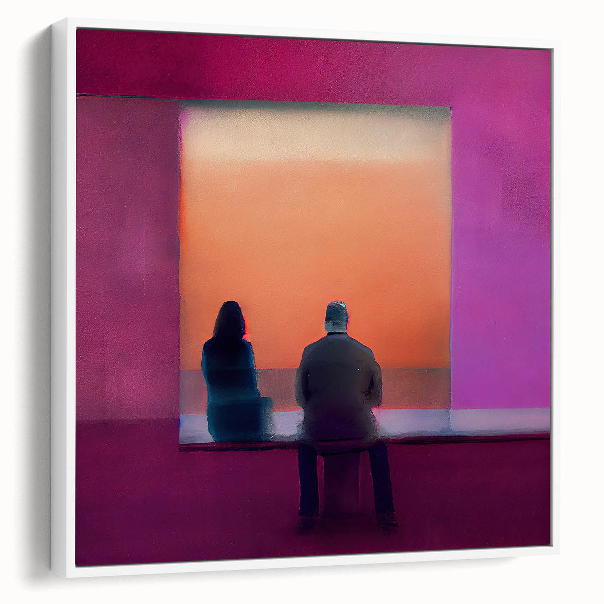 Framed abstract figurative wall art in a white frame, showcasing vibrant colors and dynamic shapes, perfect for modern home decor or office spaces.