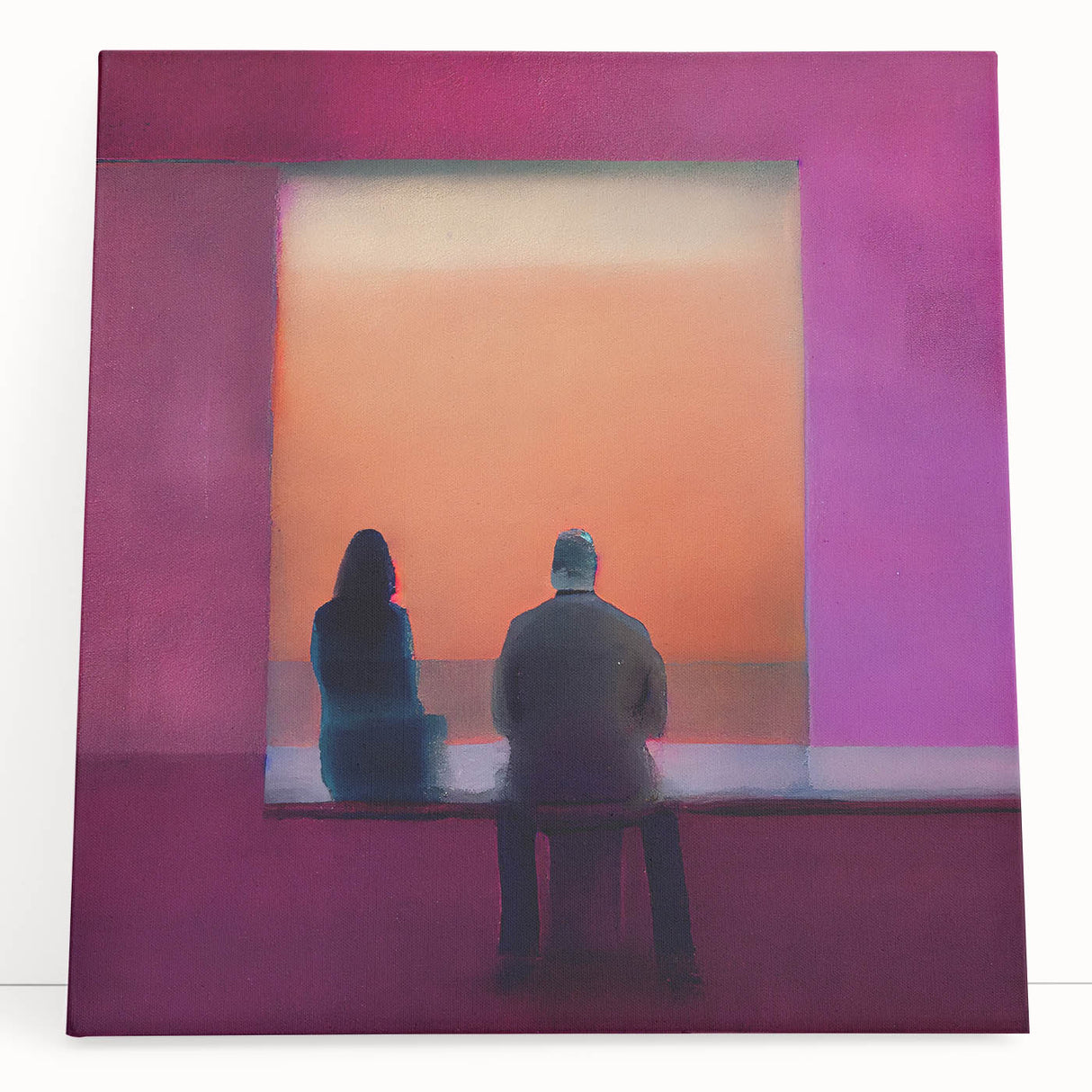 Abstract figurative wall art on stretched canvas, showcasing vibrant colors and dynamic shapes, leaning against a neutral wall, perfect for modern decor.