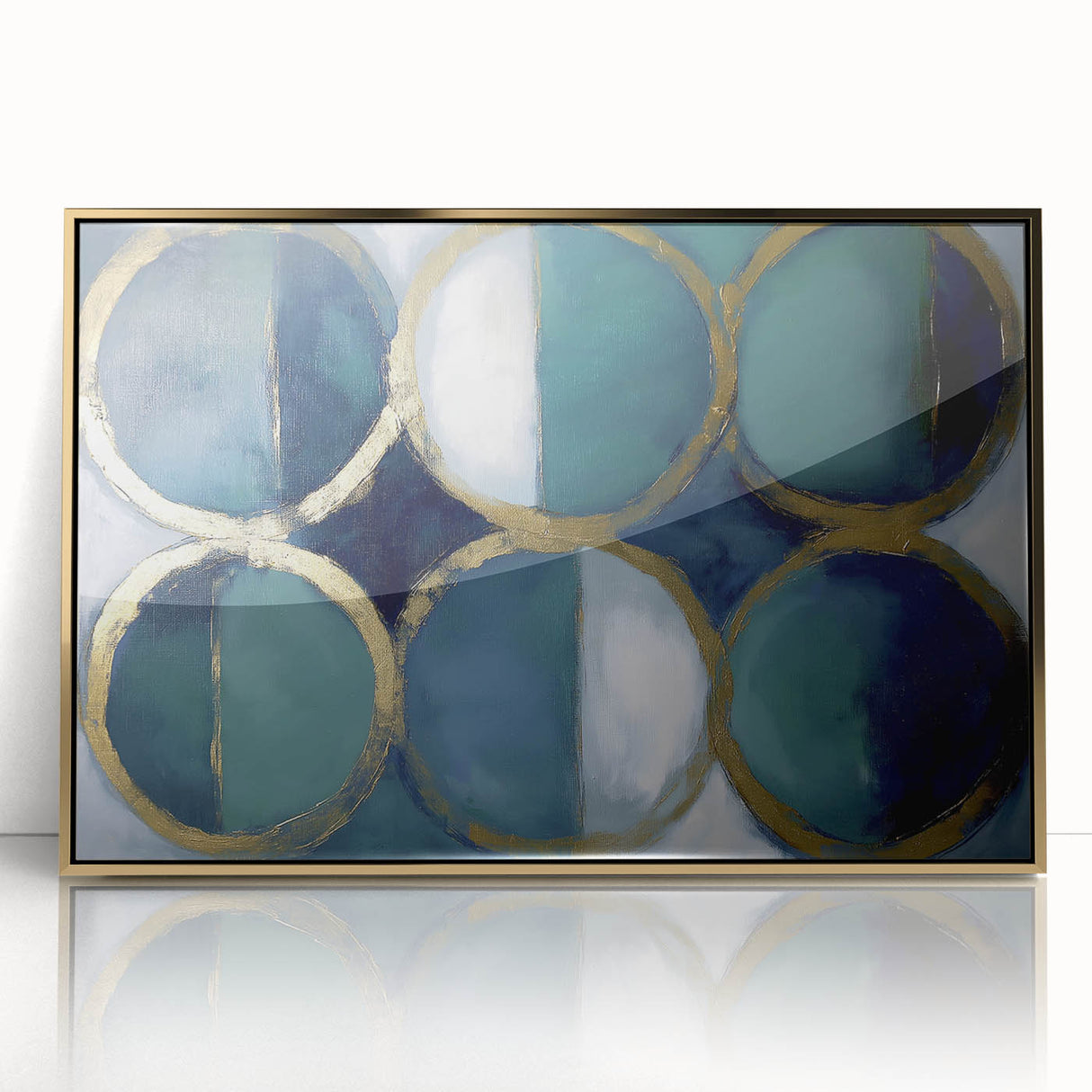 Framed acrylic artwork showcasing an abstract geometric design in gold tones, perfect for modern home decor. Ideal for enhancing contemporary living spaces.