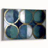 Framed abstract geometric canvas artwork in silver, showcasing intricate shapes and patterns, ideal for modern home decor. Side view highlights depth and elegance.
