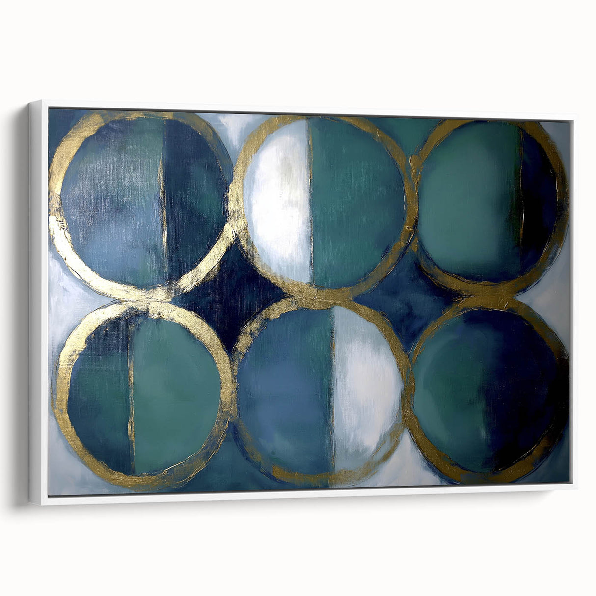 Abstract geometric framed canvas artwork in a sleek white frame, showcasing bold shapes and vibrant colors, ideal for modern home decor enhancement.