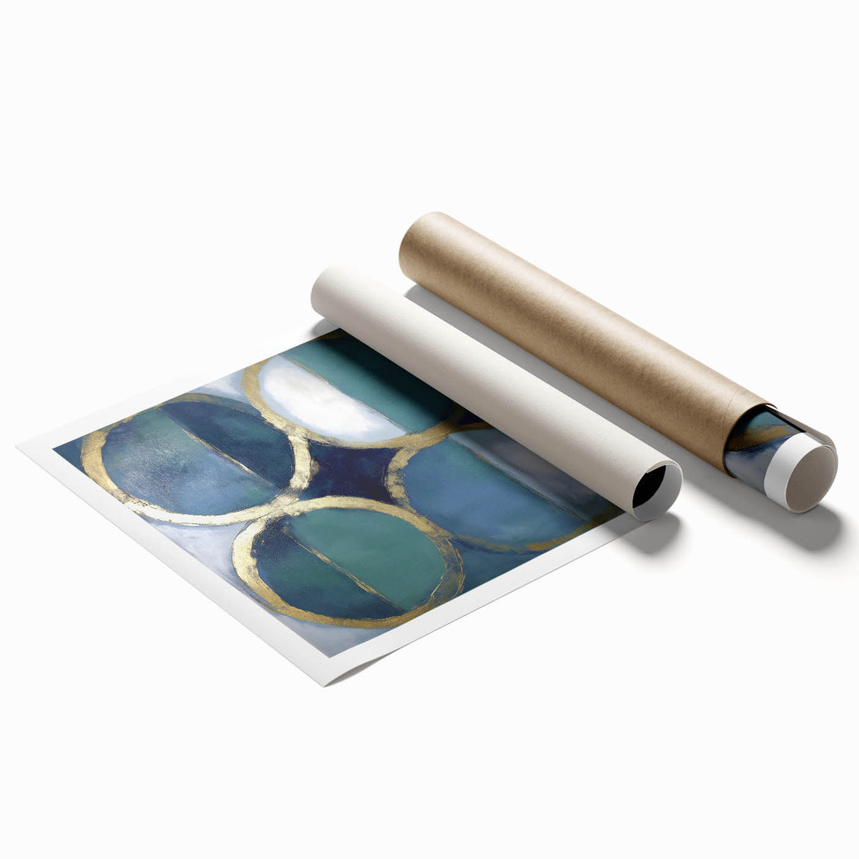 Abstract geometric rolled print showcasing a vibrant mix of colors and bold shapes, elegantly packaged in a durable cardboard tube for easy display and transport. Ideal for modern home decor or artistic wall enhancement.