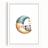Playroom Wall Art - Sleeping Moon & Bear Kids Room Print