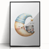 Playroom Wall Art - Sleeping Moon & Bear Kids Room Print