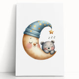 Playroom Wall Art - Sleeping Moon & Bear Kids Room Print