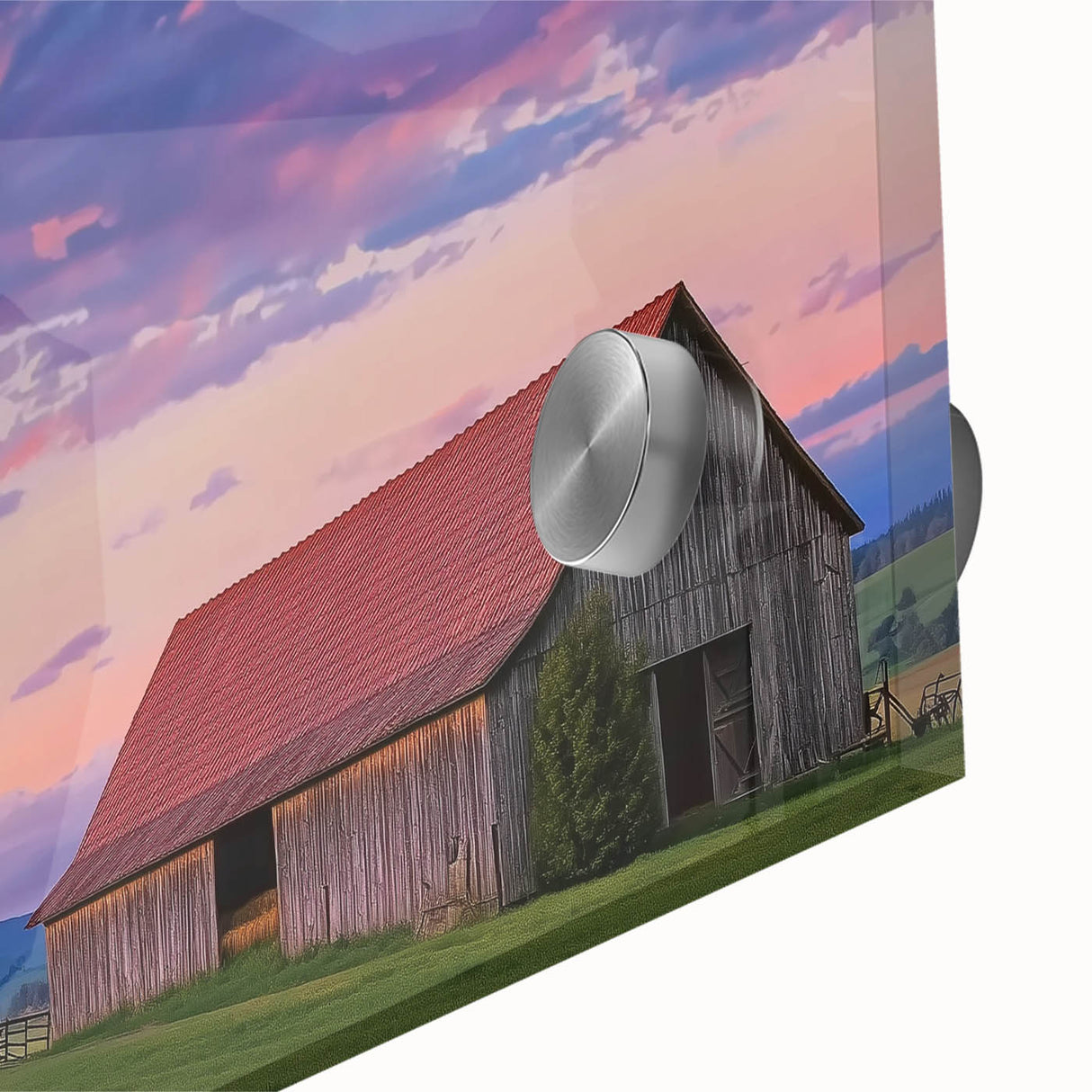 Close-up of a vibrant landscape acrylic glass artwork depicting a rustic barn scene, showcasing rich colors and intricate details for a stunning visual impact.