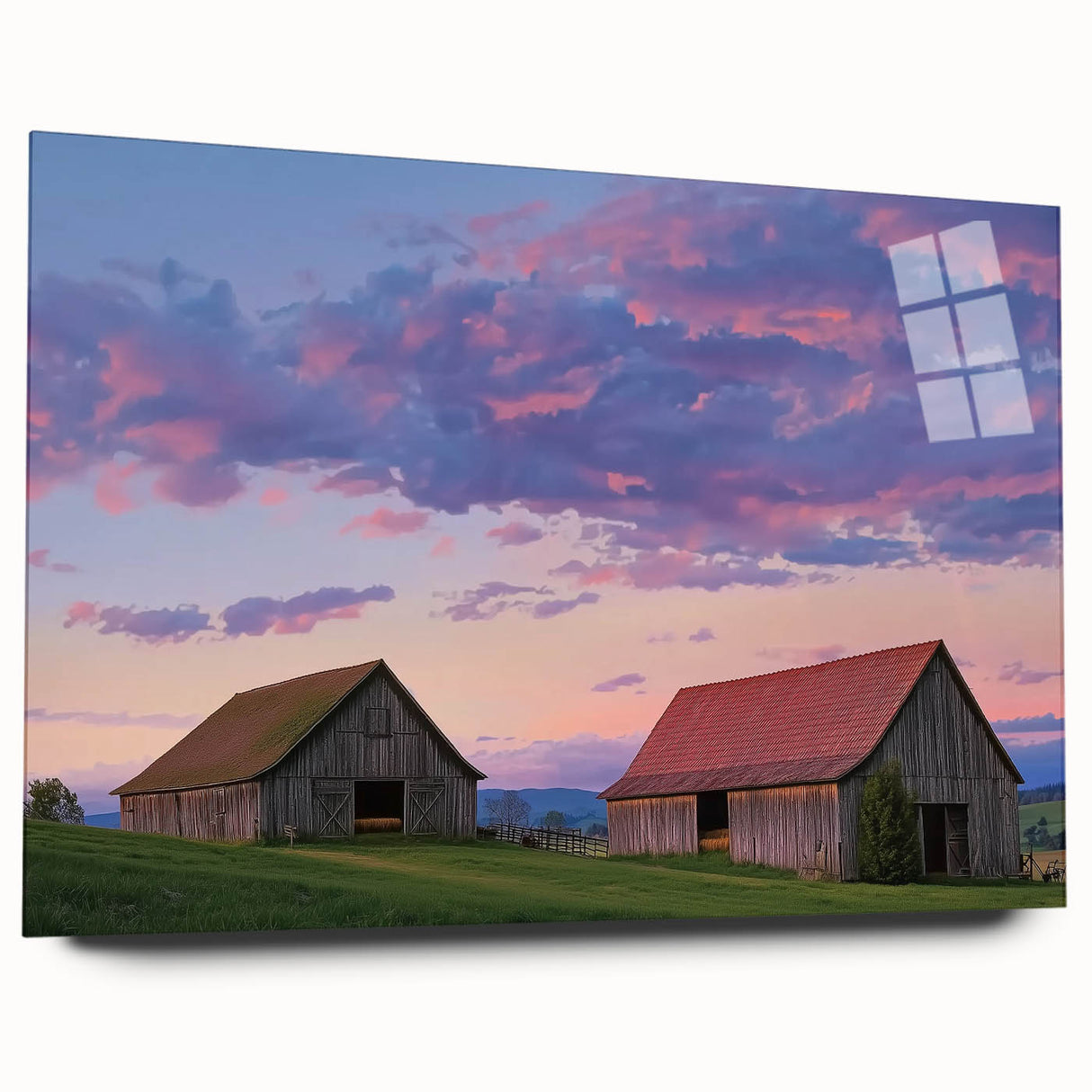 Acrylic glass side view of a modern landscape barn design showcasing vibrant colors and intricate details, perfect for home decor or art enthusiasts.