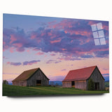 Acrylic glass side view of a modern landscape barn design showcasing vibrant colors and intricate details, perfect for home decor or art enthusiasts.