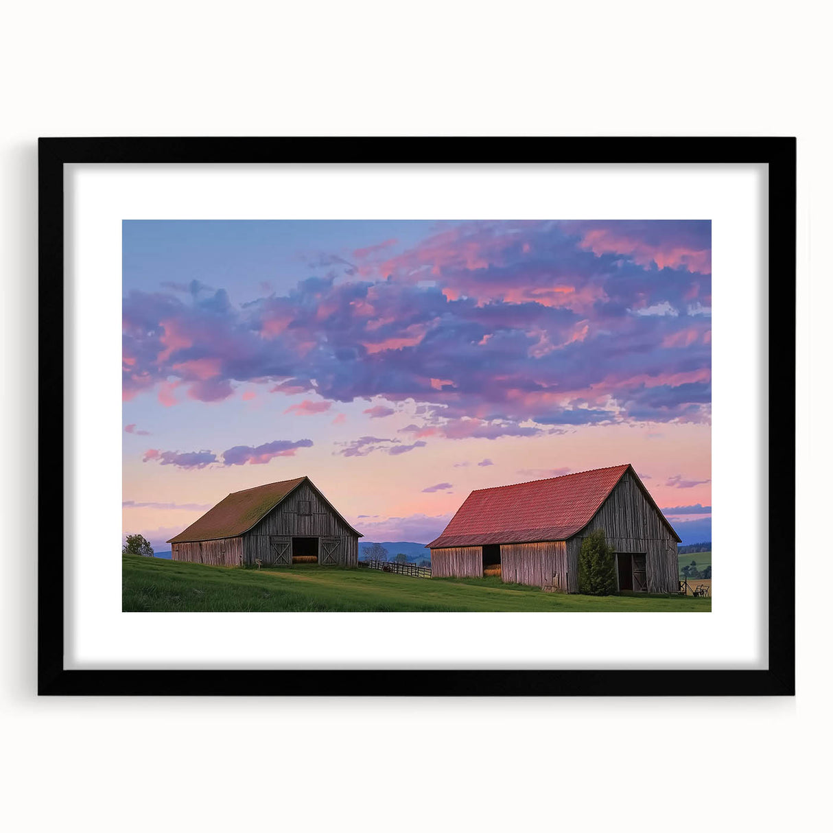 Black wooden barn frame showcasing a landscape artwork with a matte finish, ideal for modern home decor, enhancing any living space with its elegant design.