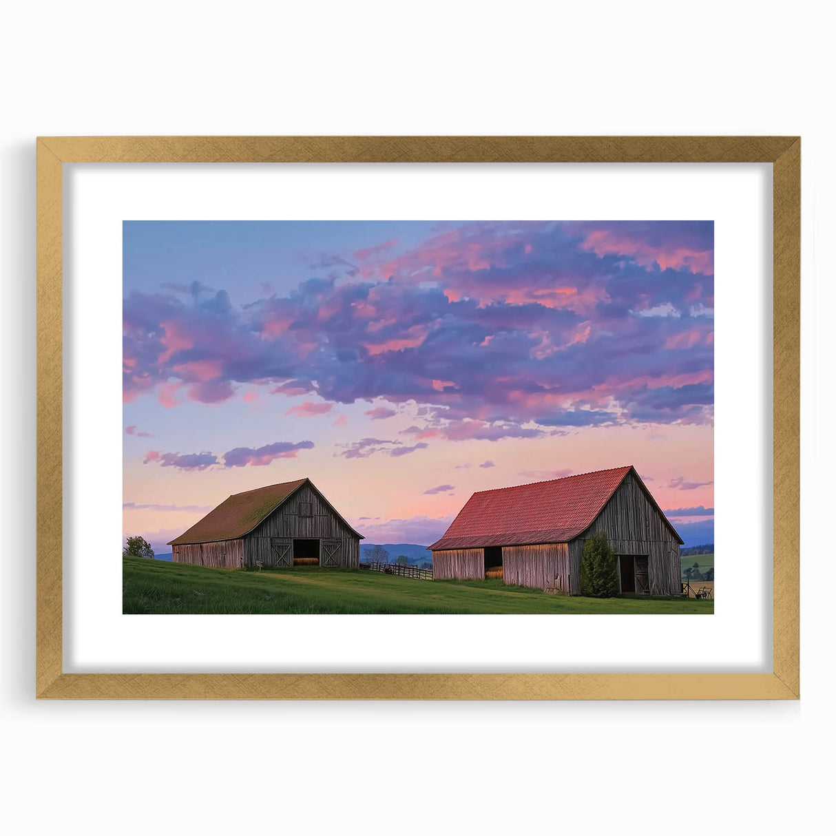 Elegant barn frame design in gold with a white mat, showcasing a landscape artwork, perfect for enhancing home decor with a touch of sophistication.