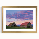 Elegant barn frame design in gold with a white mat, showcasing a landscape artwork, perfect for enhancing home decor with a touch of sophistication.