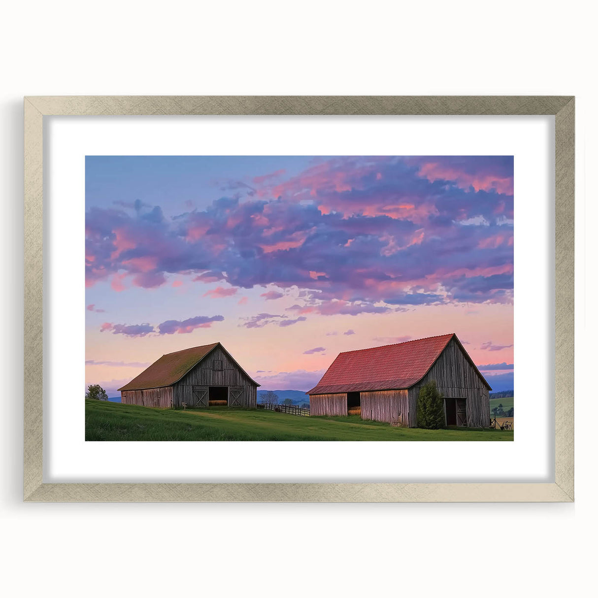 Barn frame landscape artwork in silver, showcasing a modern design with a matte finish, ideal for home decor or gallery displays, enhancing any interior space.