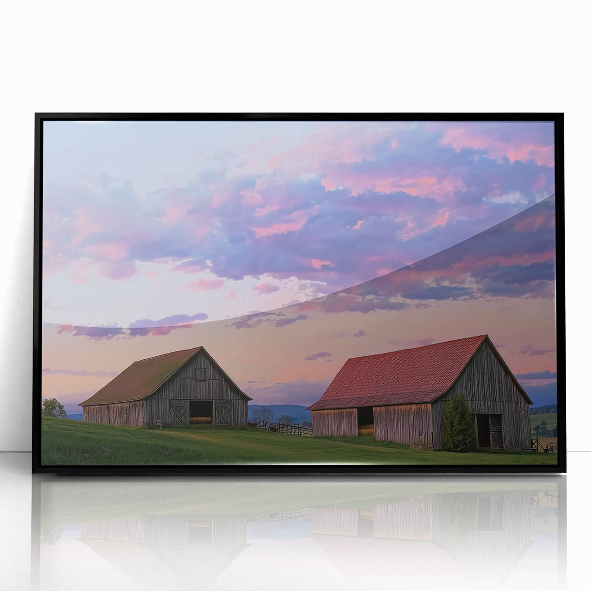 Framed acrylic artwork showcasing a landscape design with a barn, featuring a sleek black frame. Perfect for rustic home decor or art enthusiasts.