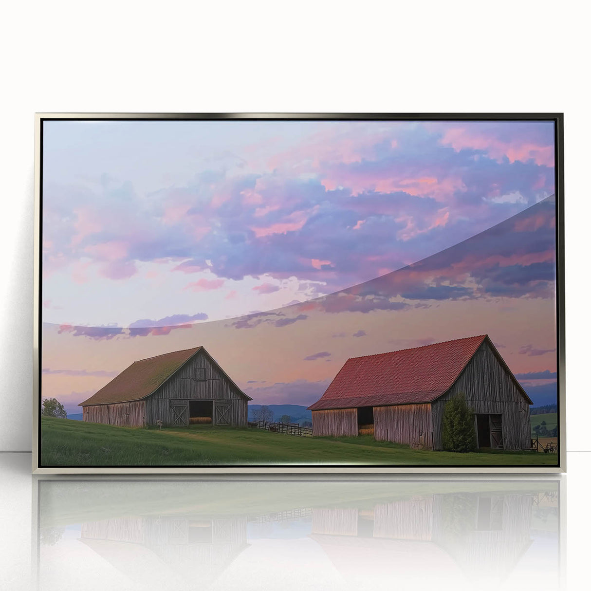 Framed acrylic landscape artwork depicting a serene barn scene in silver tones, showcasing intricate details and a modern design. Ideal for home decor enhancement.