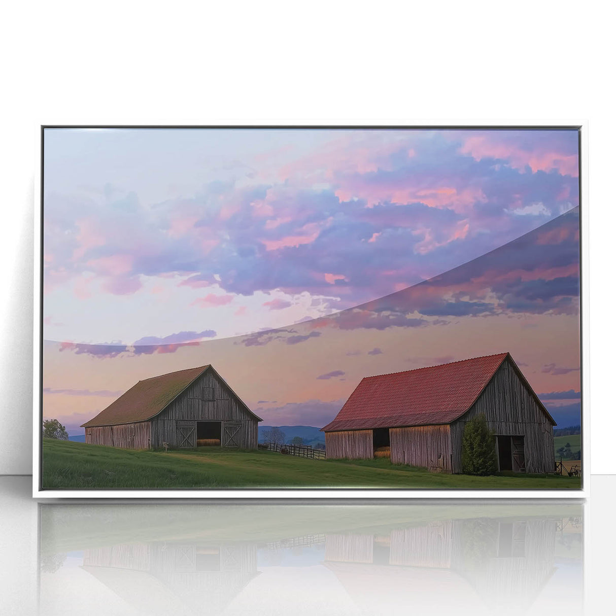Barn-framed acrylic artwork showcasing a serene landscape scene, featuring vibrant colors and intricate details, perfect for home decor enhancement.
