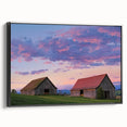 Elegant landscape canvas art showcasing a rustic barn design framed in black, viewed from the side, perfect for enhancing home decor with a country aesthetic.