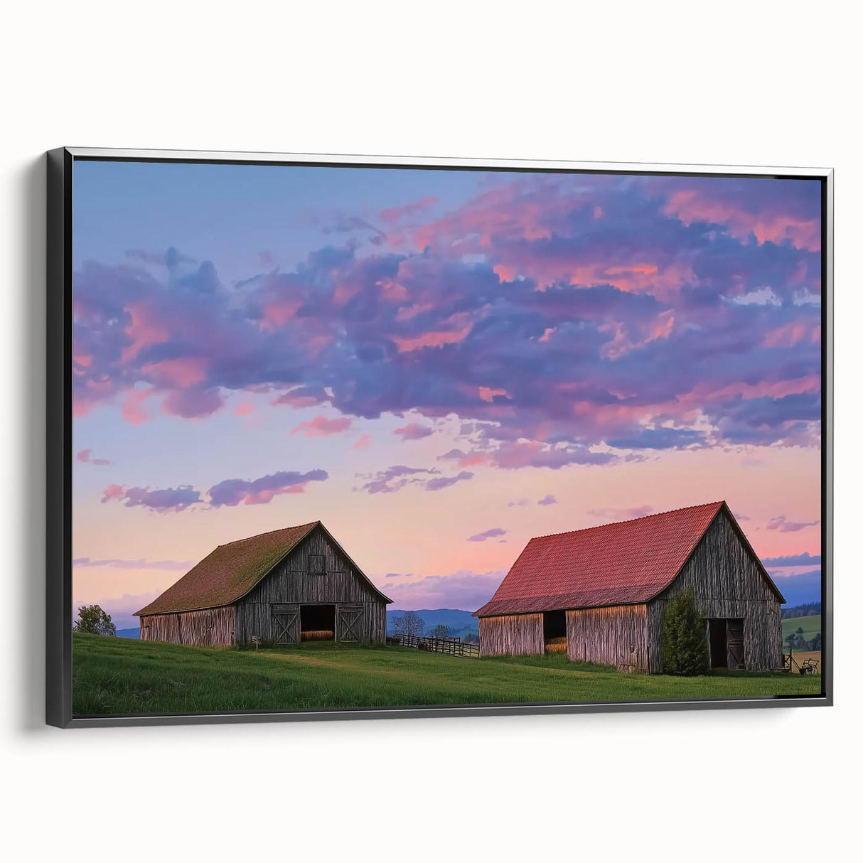 Elegant landscape canvas art showcasing a rustic barn design framed in black, viewed from the side, perfect for enhancing home decor with a country aesthetic.